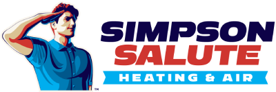 Illustration of a man saluting next to the words “Simpson Salute Heating & Air” in bold blue and red text.