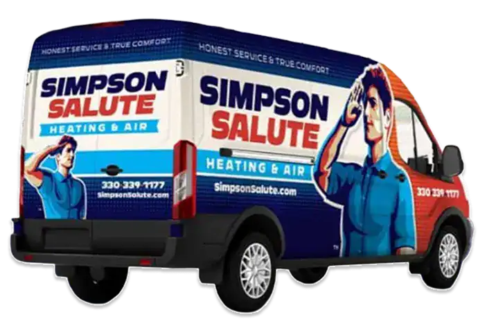 A van with “Simpson Salute Heating & Air” branding, featuring a graphic of a person saluting, company website, and contact information on the sides and back.
