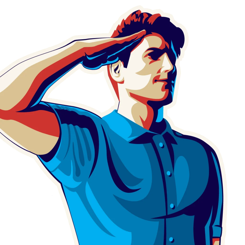 Illustration of a man in a blue shirt giving a salute, facing forward against a plain background.