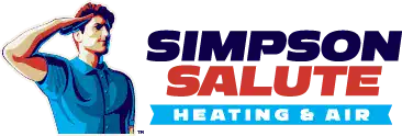 Illustration of a man saluting next to the text "Simpson Salute Heating & Air" with "Simpson Salute" in large bold letters and "Heating & Air" in a blue box.