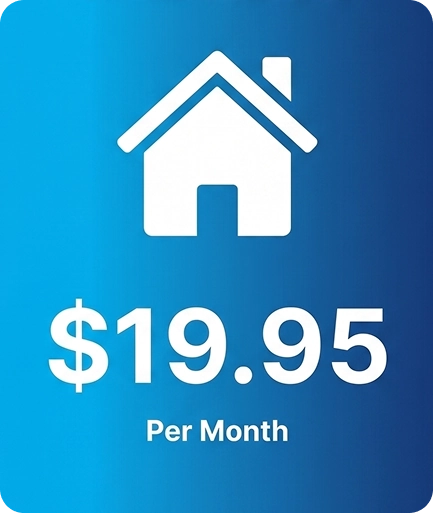 White house icon above text “$19.95 Per Month” on a blue gradient background.